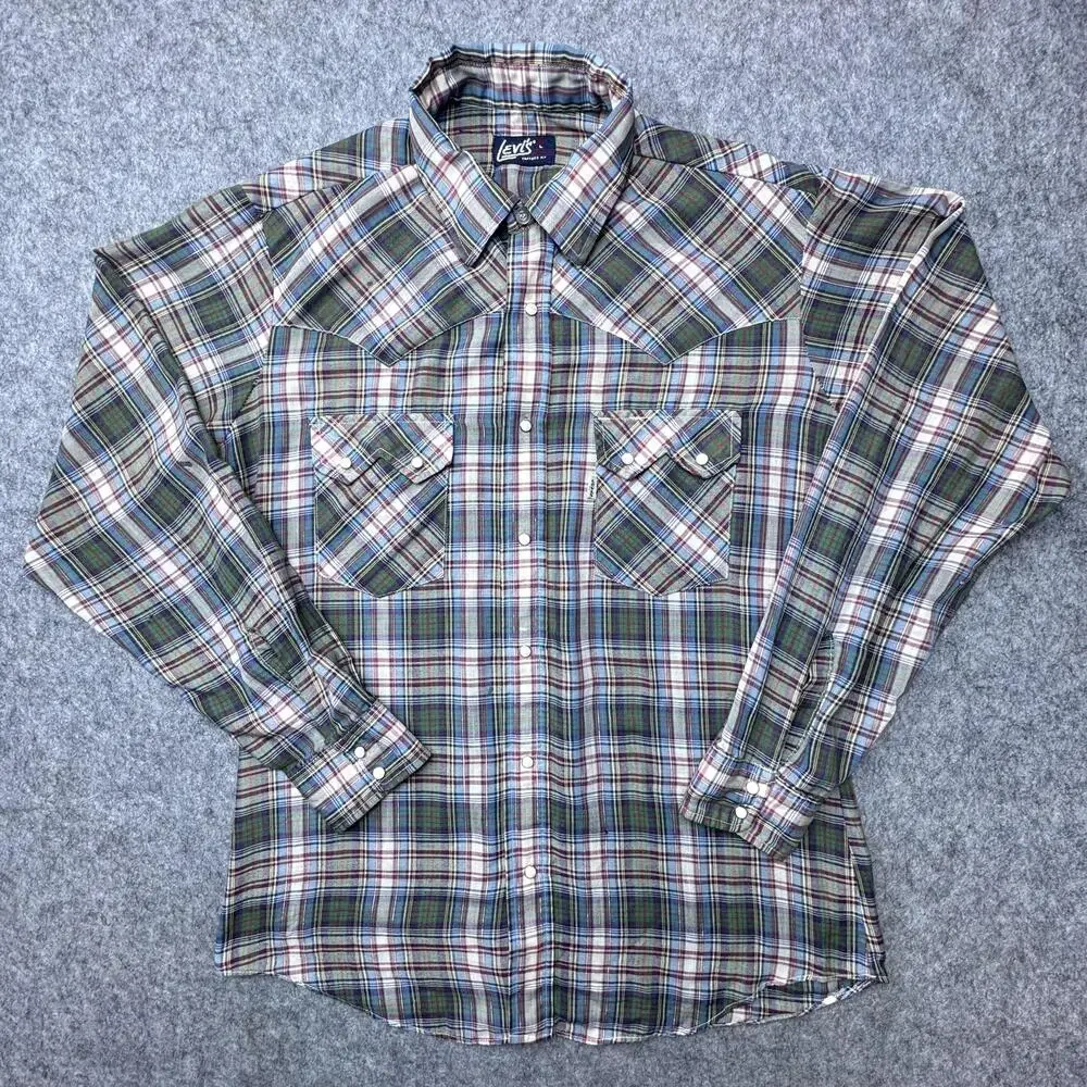 1970's Levi's Shirt Mens L Plaid Western Pearl Snap LS Vintage Tapered Fit